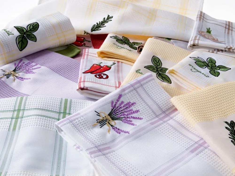 Kuchynská vaflová utierka s výšivkou Med - oranžové káro