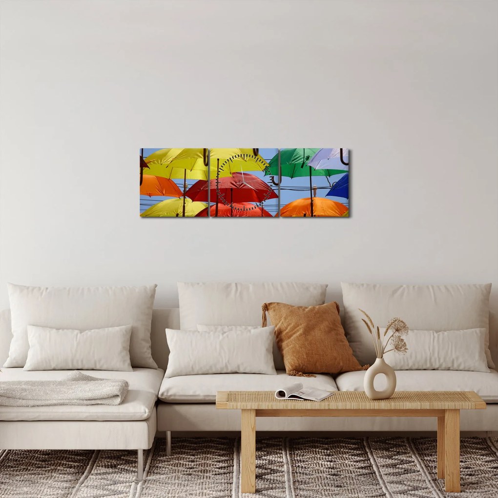 Obraz farebných dáždnikov (s hodinami) (90x30 cm)