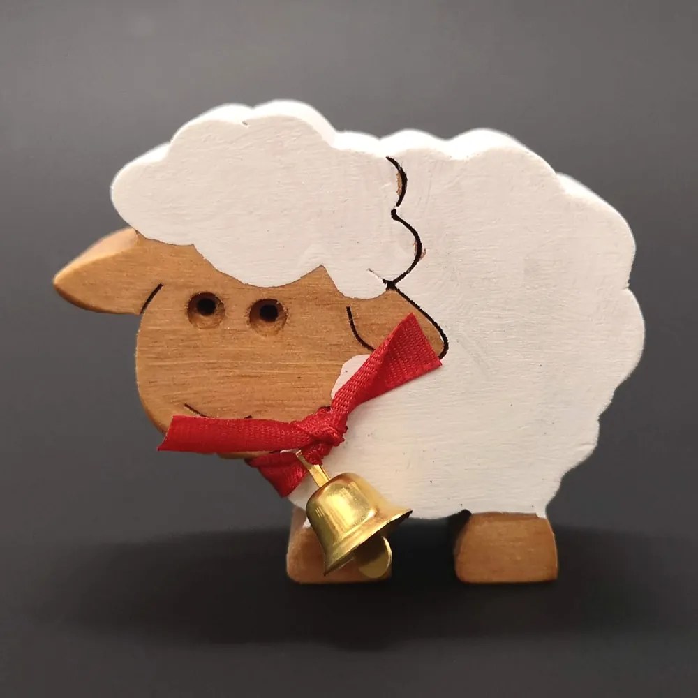 AMADEA Drevená ovečka biela so zvončekom, masívne drevo, 6x5x2 cm