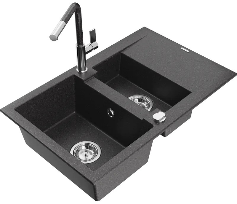 Mexen Gaspar, 1,5-komorový granitový drez 737x475x177 mm a drezová batéria Flora, čierna škvrnitá, 6507-76-670401-08