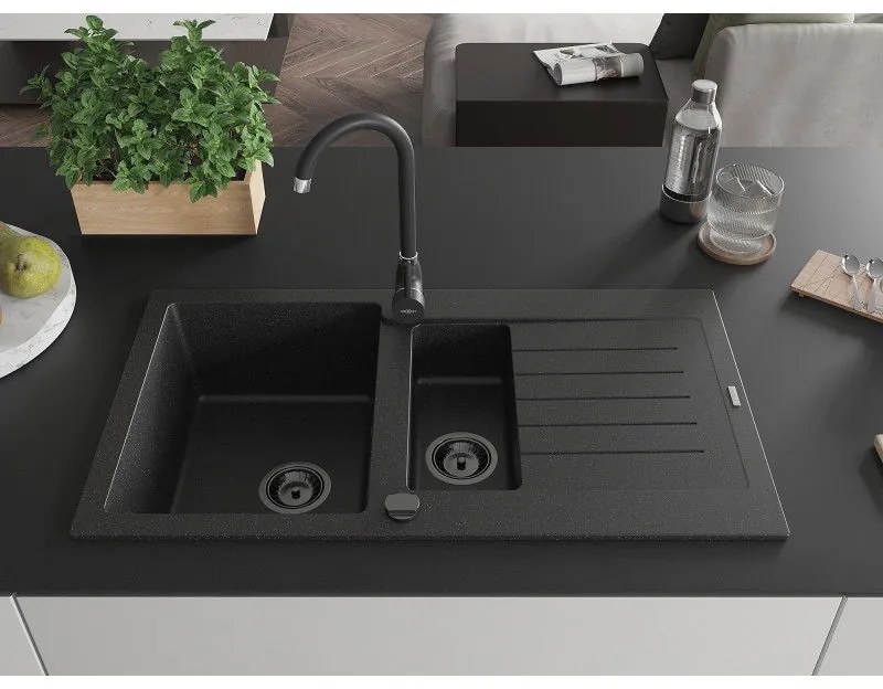 Mexen Matias, granitový drez 900x505x200 mm, 1,5-komorový a čierna batéria Telma, čierna-strieborná metalíza, 6502-73-670200-70-B