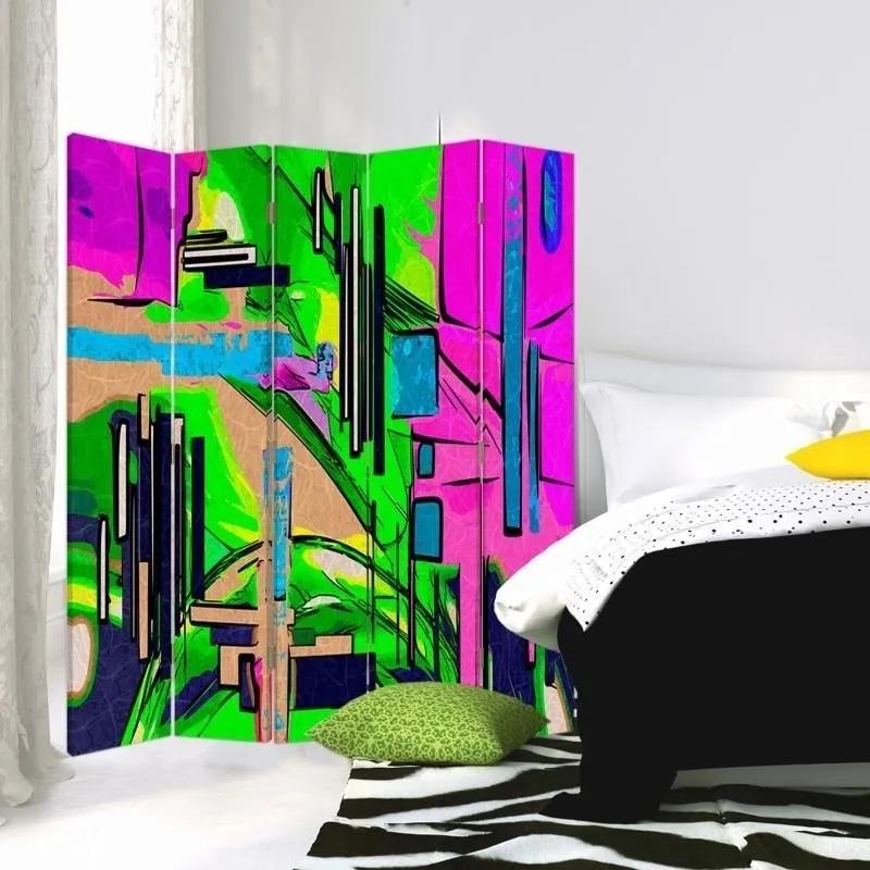 Ozdobný paraván Barevná abstraktní zelená - 180x170 cm, päťdielny, klasický paraván