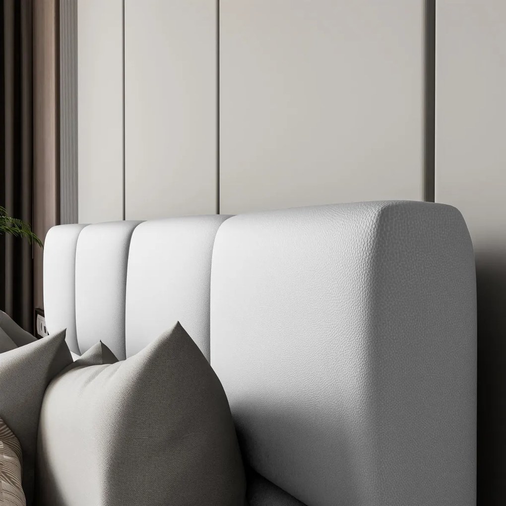 LUISI 140X200 ČALÚNENÁ MANŽELSKÁ POSTEĽ BIELA EKO-KOŽA S ÚLOŽNÝM PRIESTOROM