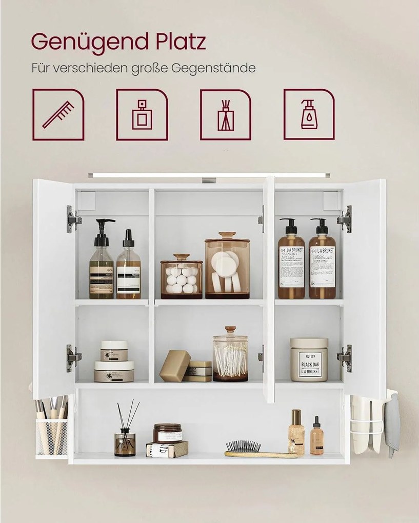 Kúpeľňová zrkadlová skrinka s osvetlením, nástenná skrinka, integrovaný kábel, biela