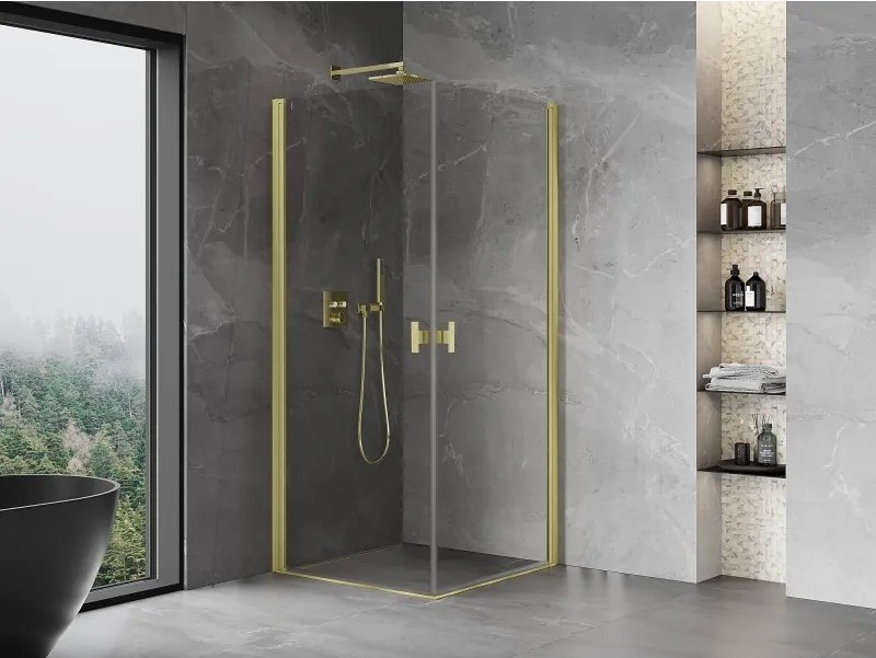 Mexen Mist-B Duo, 2-krídlový výklopný sprchový kút 95 x 95 cm, číre sklo, zlatý matný profil, 8A2-095-095-55-00