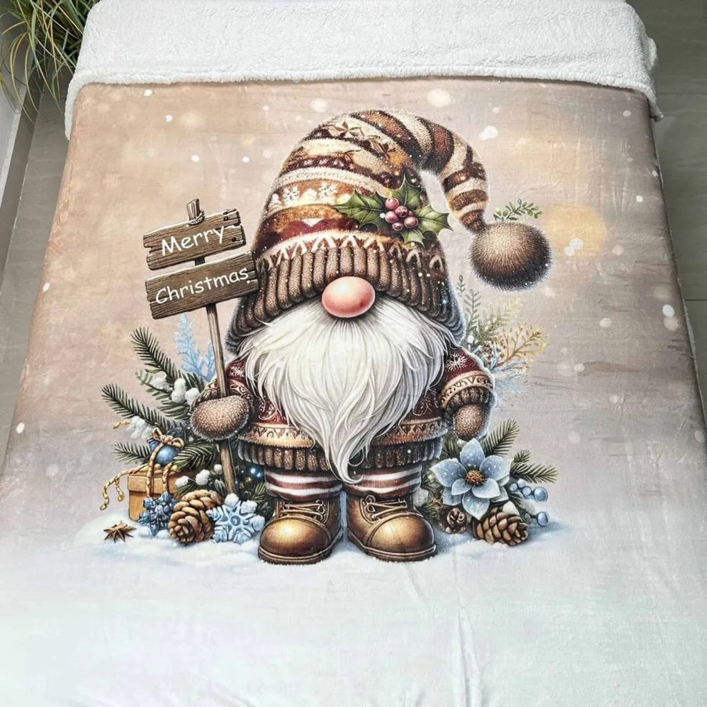 Vianočná deka luxury baranková z mikroplyšu Škriatok hnedý 150x200cm TiaHome