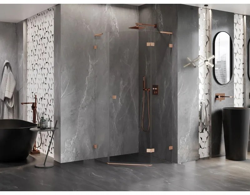 Mexen Lunar, L pravý výklopný päťuholníkový sprchový kút 100x100 cm, 8mm číre sklo, profil medená matná, 831L-100P-100L-65-00-P