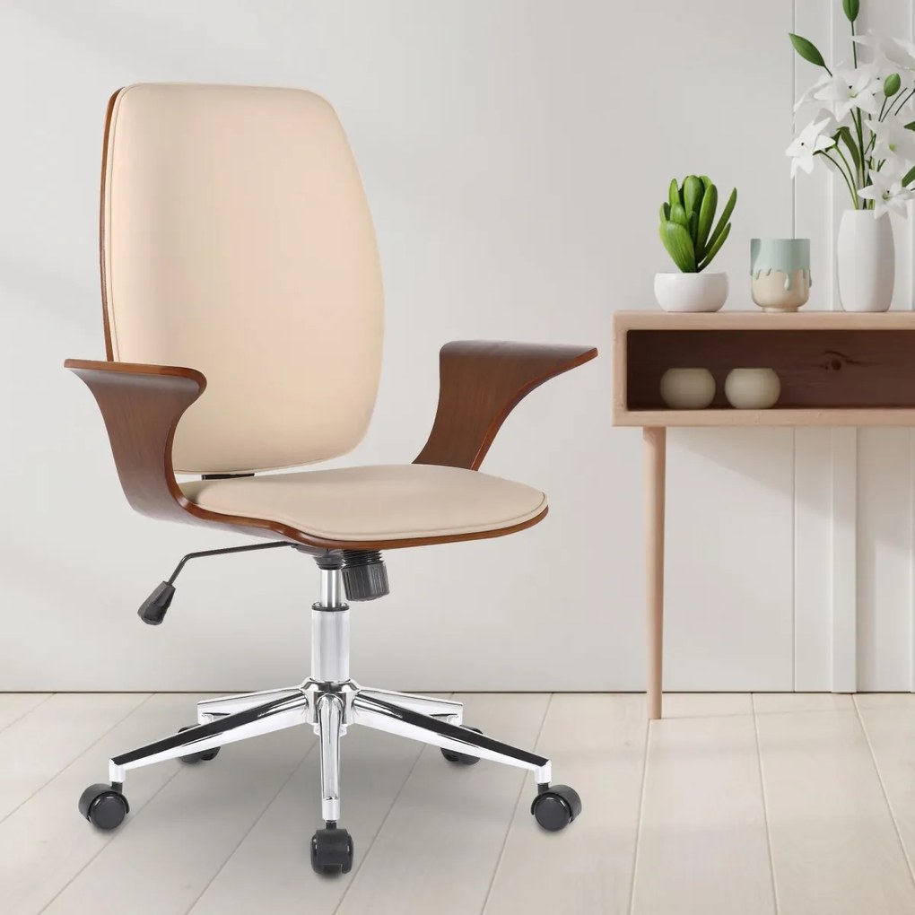 Design-Shop Kancelárska stolička Burbank - koženka, drevo orech - Krémová