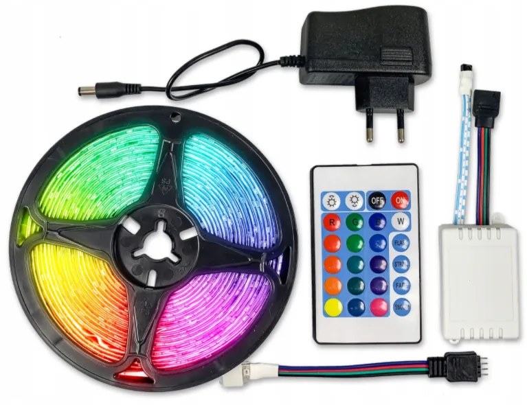 BERGE LED pásik RGB - IP65 - 5m + diaľkové ovládanie + napájací adaptér - SADA
