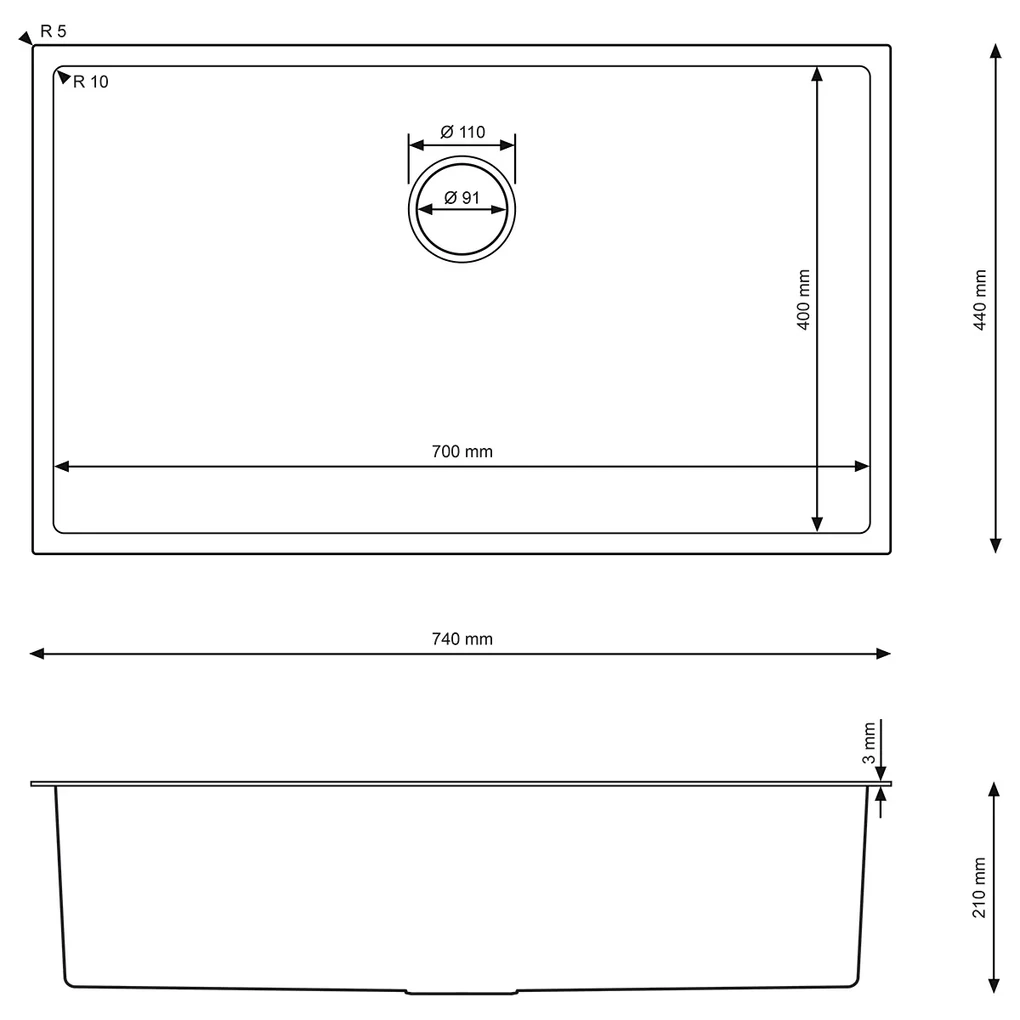 Erga HD, 1-komorový oceľový drez 740x440x210 mm, oceľová, ERG-MLS-HD7444