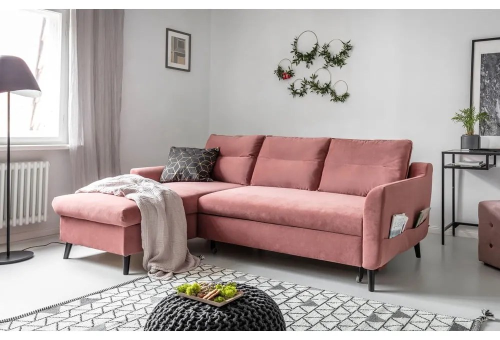Ružová zamatová rozkladacia rohová pohovka Miuform Stylish Stan, ľavý roh