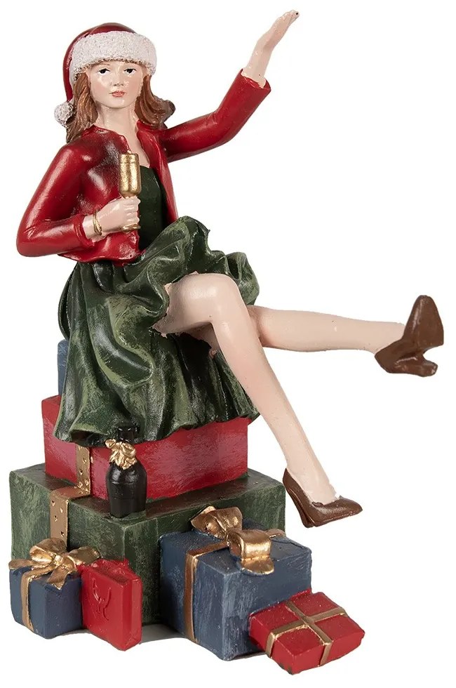 Vánoční dekorace žena sedící na dárcích - 15*10*18 cm