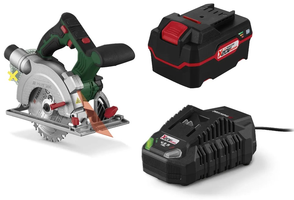 Parkside®  Aku ručná kotúčová píla Phksa 20-Li B3 + Akumulátor 20 V/4 Ah PAP 20 B3 + Nabíjačka akumulátora 20 V/4,5 A PLG 20 C3  (800010608)