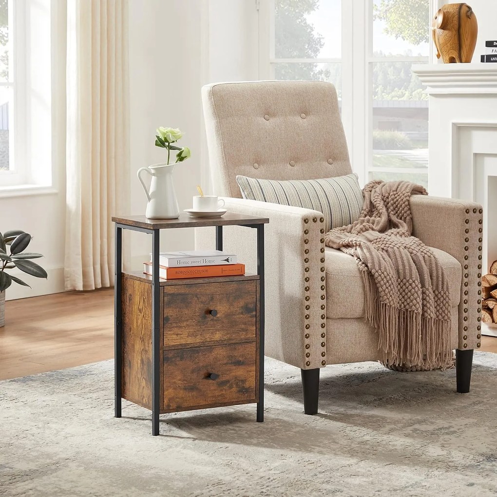 Nočný stolík s 2 zásuvkami, rustikálny hnedý