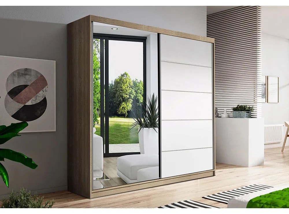 Šatní skřín Brusel 160cm, sonoma/bílá/zrcadlo