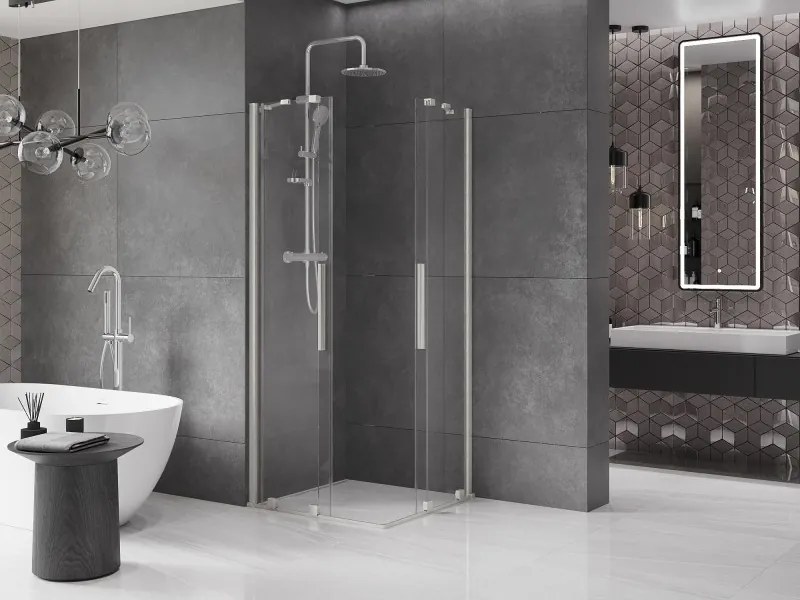 Mexen Velar Duo, sprchový kút s posuvnými dverami 90 x 90 cm, 8mm číre sklo, brúsená oceľ, 871-090-090-02-97