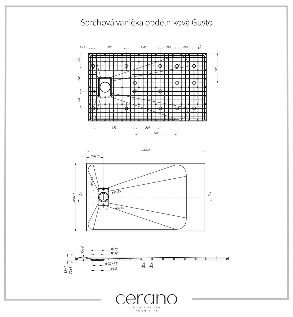 Cerano Gusto, obdĺžniková sprchová vanička 140x80x3 cm z minerálneho kompozitu, čierna matná, CER-CER-414644