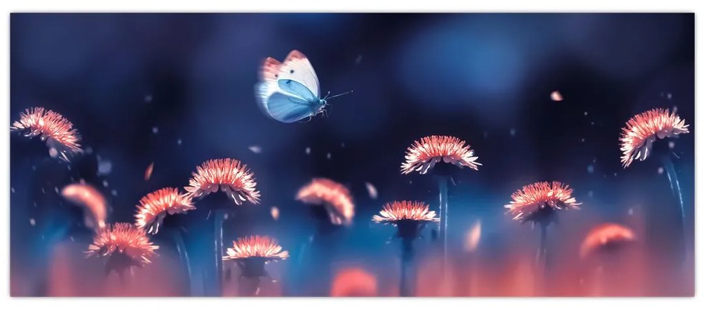 Obraz púpav s modrým motýľom (120x50 cm)
