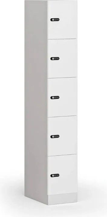 Šatníková skrinka S1 s úložnými boxmi, 5 boxov, 1850 x 300 x 500 mm, demont, mechanický kódový zámok, laminované dvere, biela