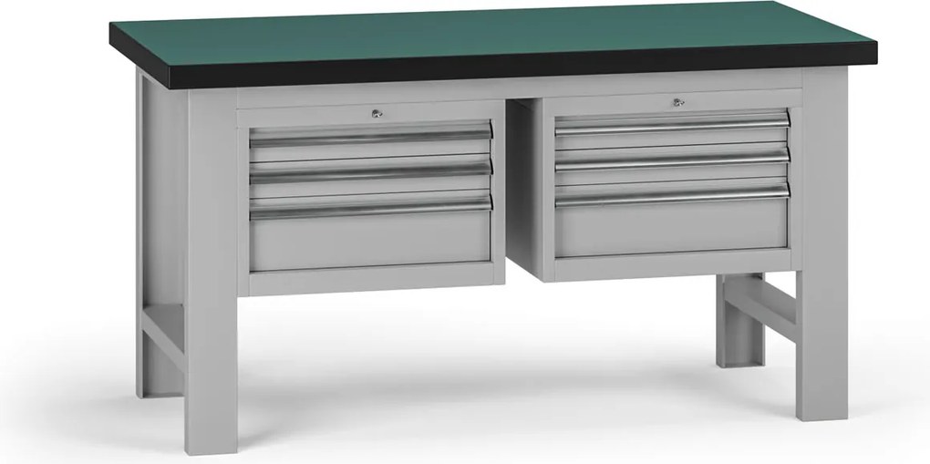 Pracovný stôl do dielne G8, 1500 x 750 x 800 mm, 2x kontejner, 6 zásuviek, sivá