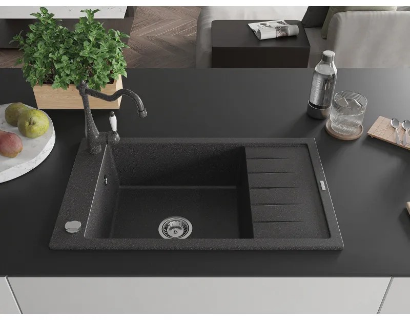 Mexen Elias, granitový drez 795x480x200 mm, 1-komorový a drezová batéria Carla, čierna škvrnitá, 6511-76-670700-76