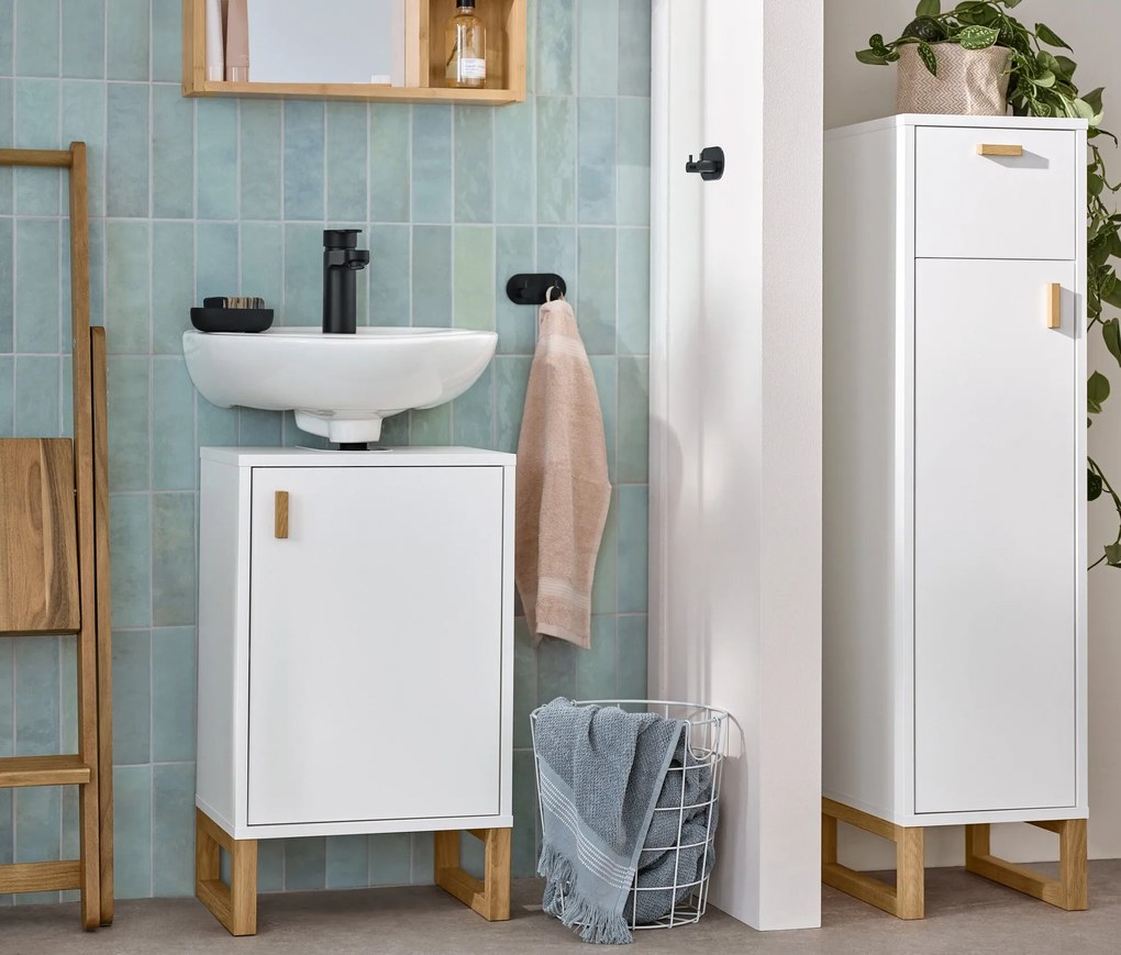 Kúpeľňová skrinka so zásuvkou a dvierkami, úzka