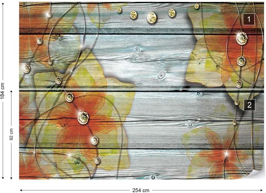 GLIX Fototapeta - Orange Flowers Wood Plank Texture Diamonds Vliesová tapeta  - 254x184 cm