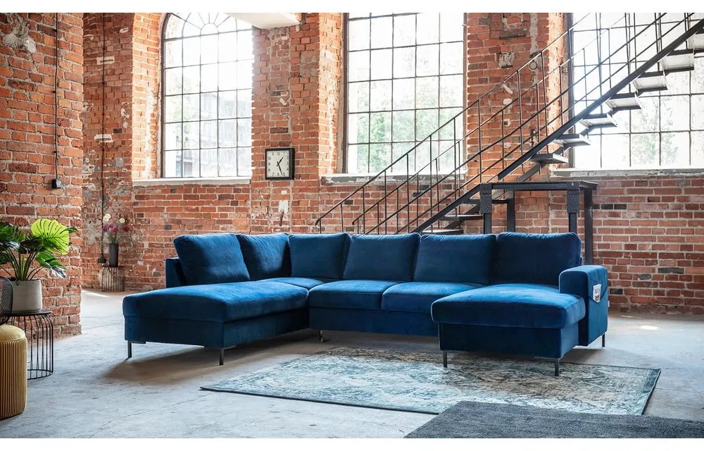 Námorníckymodrá zamatová rozkladacia pohovka do "U" Miuform Lofty Lilly, ľavý roh