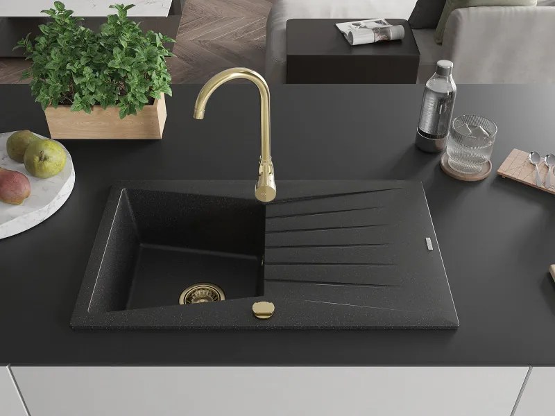 Mexen Cesar, granitový drez 775x470x190 mm, 1-komorový, čierna-strieborná metalíza so zlatým sifónom, 6514771010-73-G