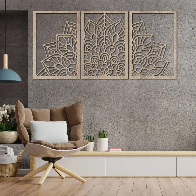 3-dielna mandala kvetov – moderná drevená nástenná dekorácia do obývačky | SENTOP HDF0583