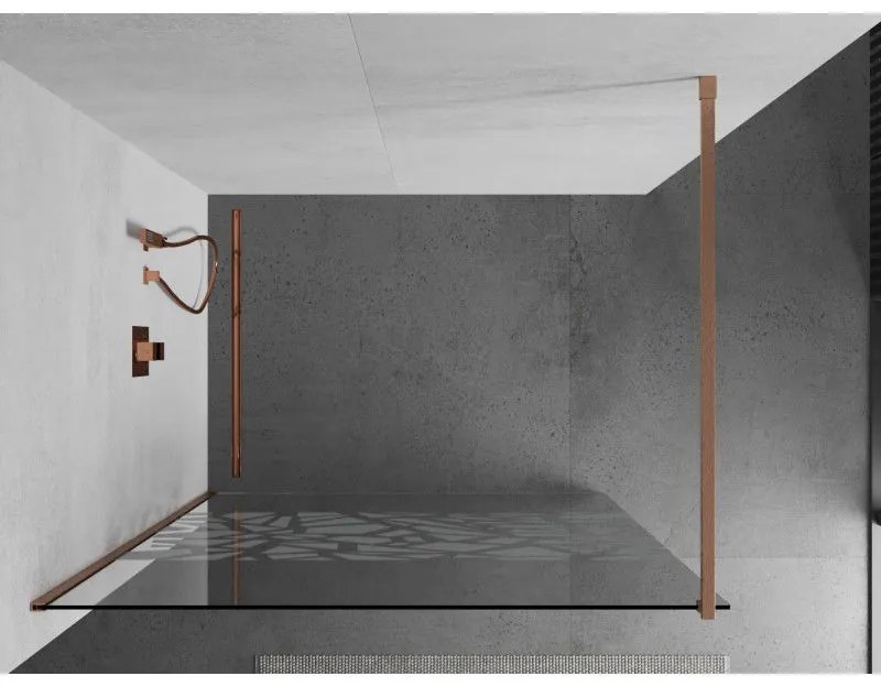 Mexen Kioto, sprchová zástena Walk-In 130 x 200 cm, 8mm číre sklo biely vzor, medený matný profil, 800-130-101-65-85