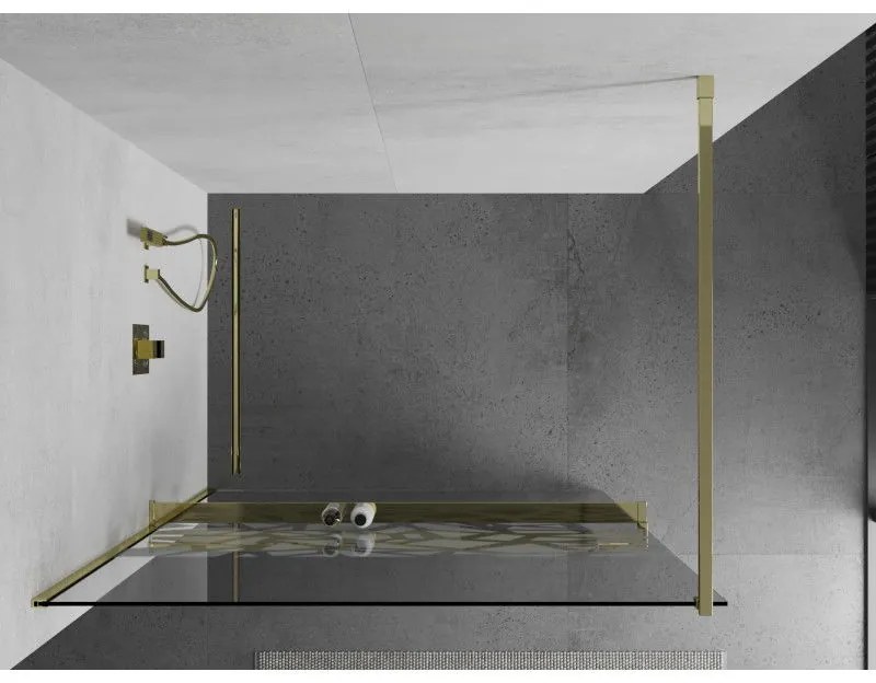 Mexen Kioto+, sprchová zástena s poličkou a držiakom na uteráky 110 x 200 cm, 8mm číre sklo vzor biely, zlatý profil 800-110-121-50-85