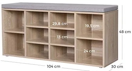 Lavička na topánky s priehradkami, čalúnené sedenie, 48x105x30cm