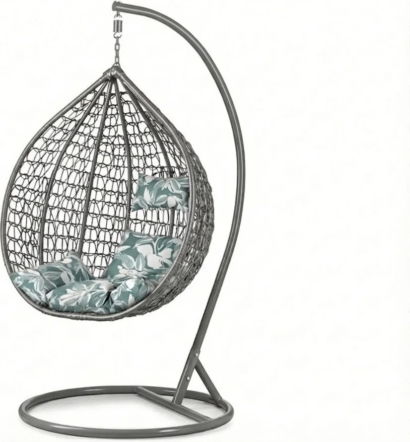 Sivé závesné kreslo KOKON so stojanom, zeleno-biely vankúš