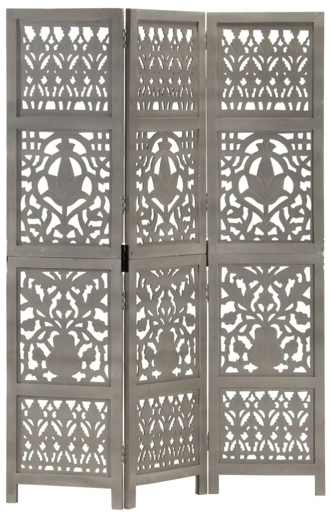 vidaXL Ručne vyrezávaný 3-panelový paraván sivý 120x165 cm mangovníkový masív