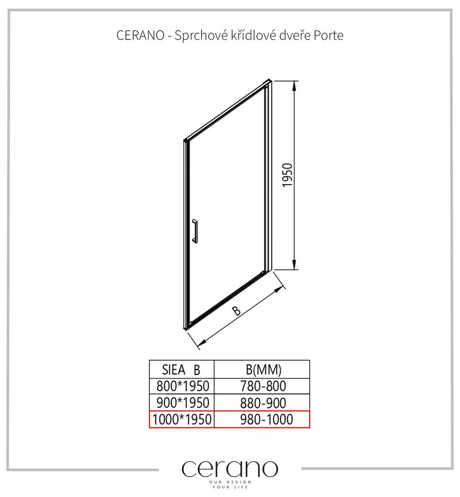 CERANO - Sprchové krídlové dvere Porte L/P - 8 mm - čierna matná, grafitové sklo - 100x195 cm, CER-CER-8050BD7247