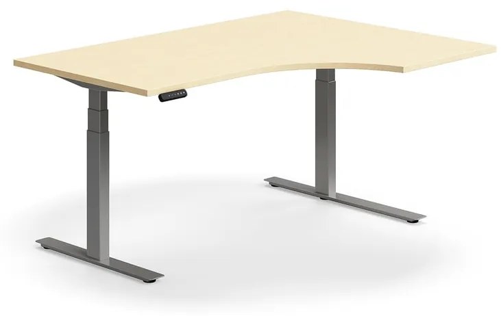 Výškovo nastaviteľný stôl QBUS, rohový, 1600x1200 mm, strieborný rám, breza