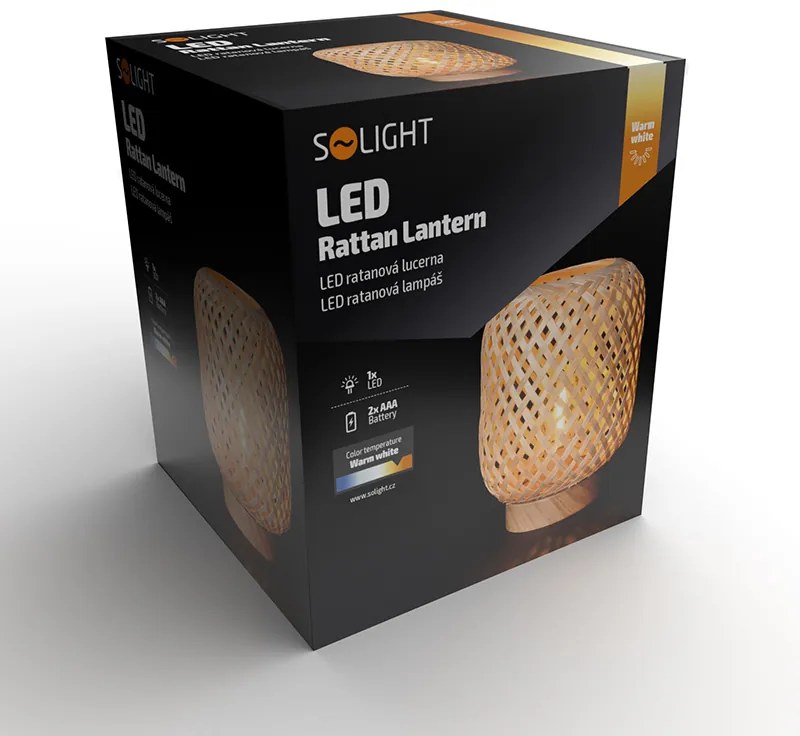 SOLIGHT Ratanová LED lampáš s LED žiarovkou, teplá biela, 3x AAA, 19cm