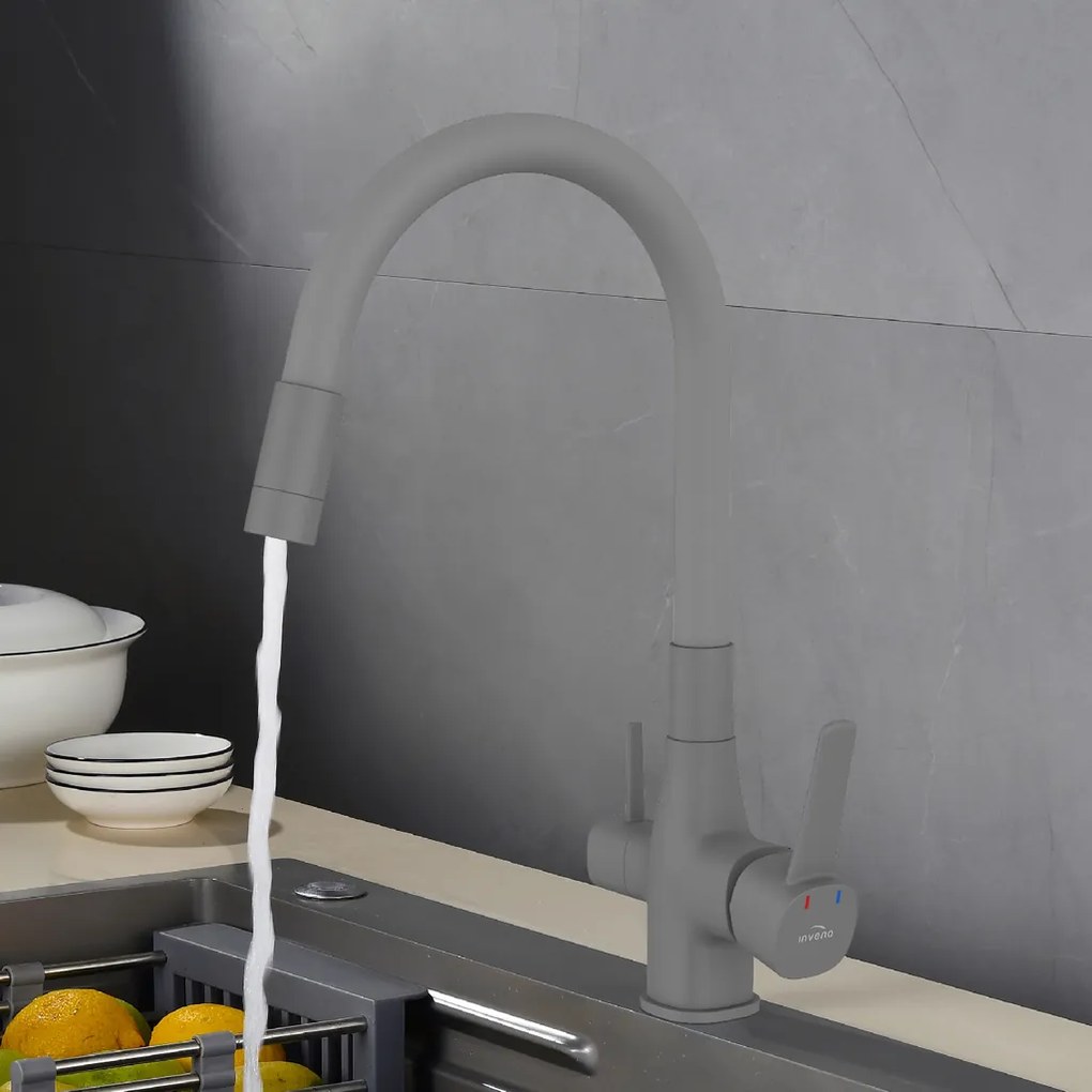 Invena Magic, stojanková drezová batéria s flexibilným ramenom a filtrom na pitnú vodu, šedá matná, INV-BZ-02-F05-V