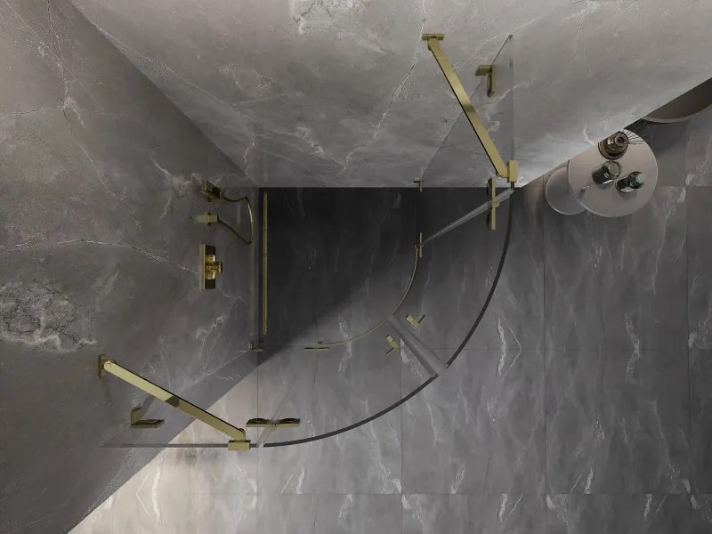 Mexen Lunar, polkruhový výklopný sprchový kút 100 x 100 cm, 8mm číre sklo, zlatý profil, 833-100L-100P-50-00
