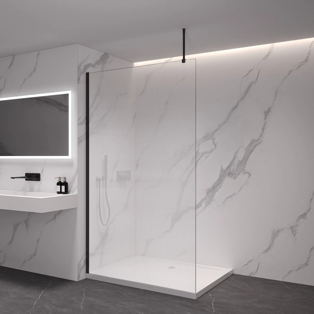 CERANO - Sprchová zástena Walk-in Onyx Top L/P - guľatá vzpera - čierna matná, ryhované sklo - 130x200 cm, CER-CER-8050BD1572