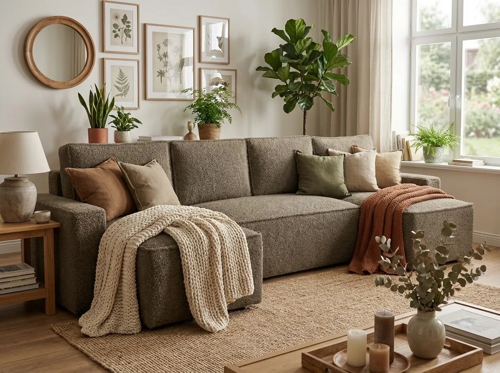 Rozkladacia sedacia súprava do U SMART BOUCLE 303x143 cm, tmavo béžová