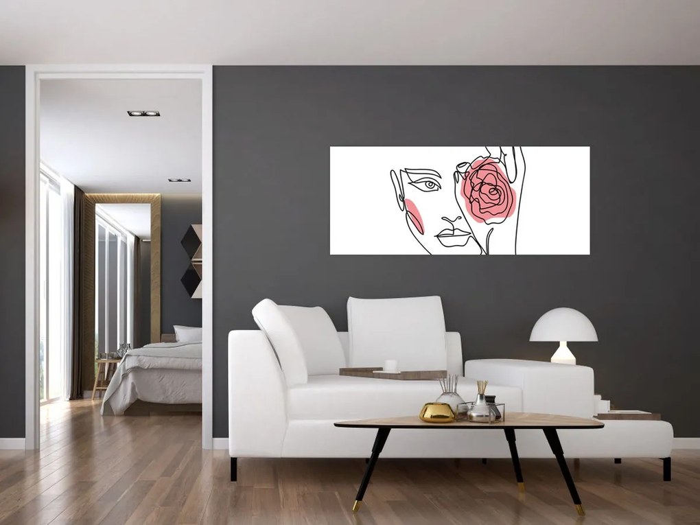 Obraz - Line art tvár s ružou (120x50 cm)