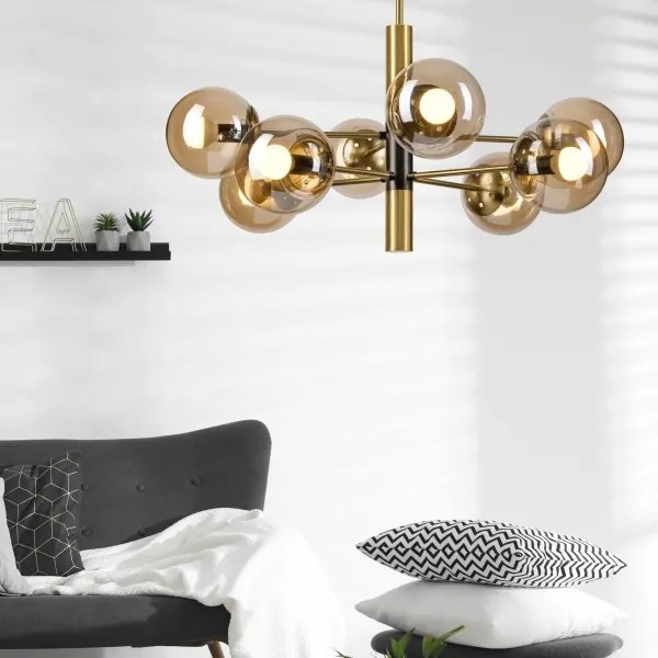 Luster na tyči ROLLO 8xE14/5W/230V zlatá/dymová béžová