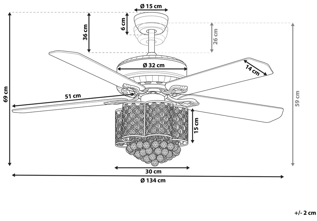 Krištáľový stropný ventilátor so svetlom strieborný HUAI Beliani