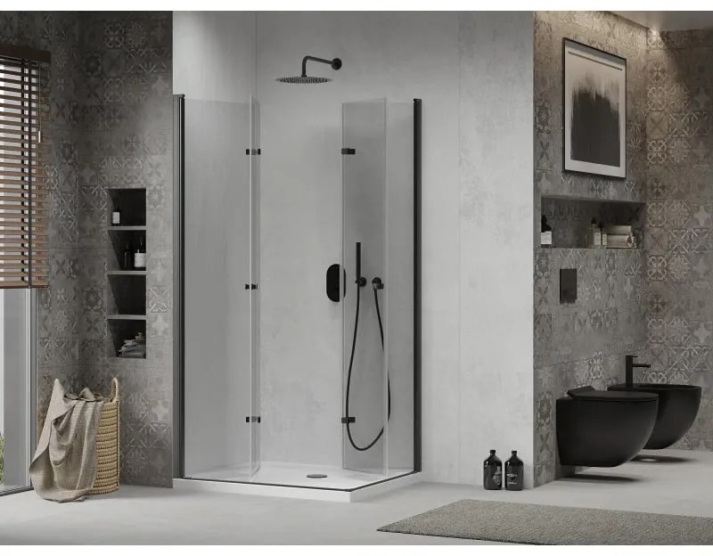 Mexen Lima Duo, sprchovací kút s 2-krídlovými skladacími dverami 90 (dvere) x 80 (dvere) cm, 6mm číre sklo, čierny profil + slim sprchová vanička 5cm biela s čiernym sifónom, 856-090-080-70-02-4010B