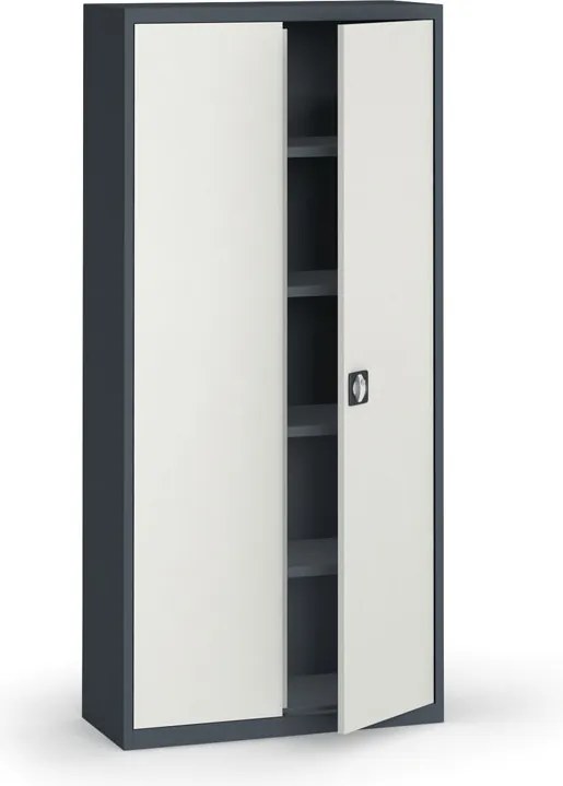 Plechová policová skriňa METAL, 1950 x 950 x 400 mm, 4 police, grafit / sivá