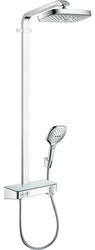 HANSGROHE Raindance Select E Showerpipe EcoSmart nástenný sprchový systém s termostatom ShowerTablet Select 300, horná sprcha 2jet 300 x 160 mm, ručná sprcha 3jet, chróm, 27283000