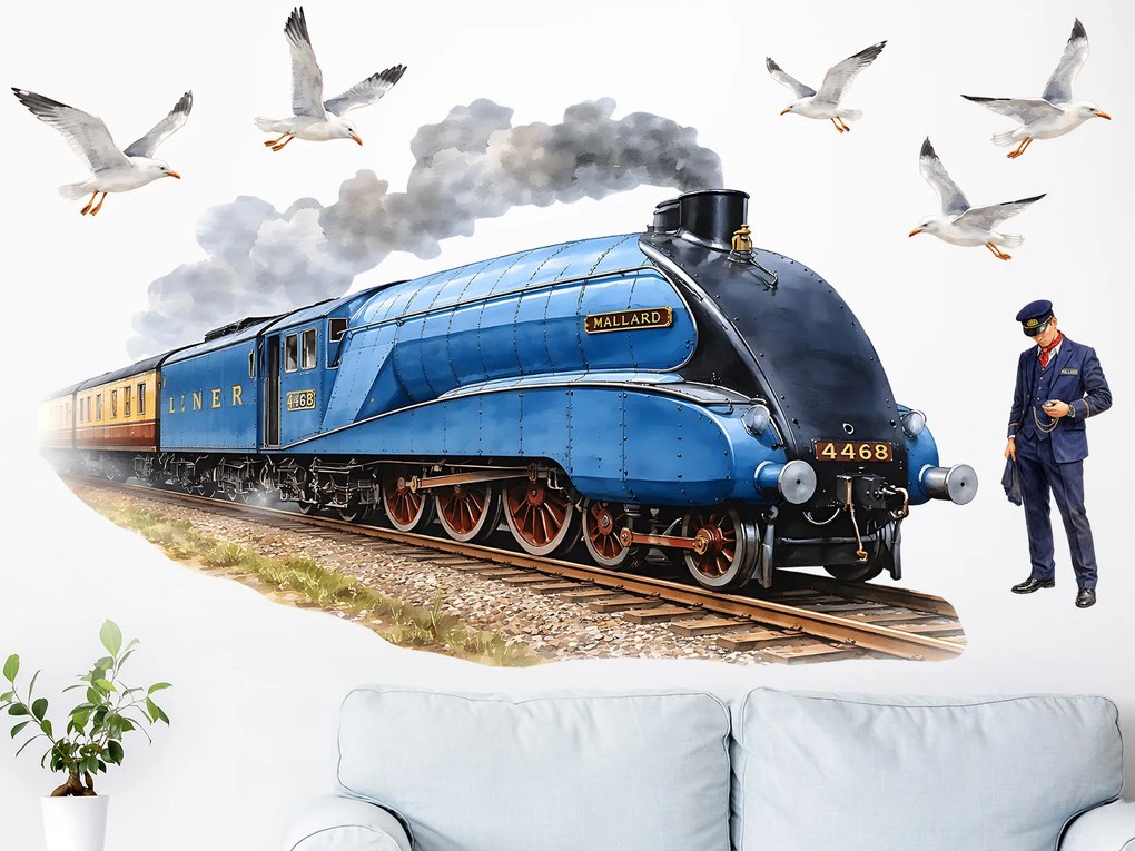 Vlak Mallard textilní prelepiteľná nálepka na stenu hárok 75 x 46 cm