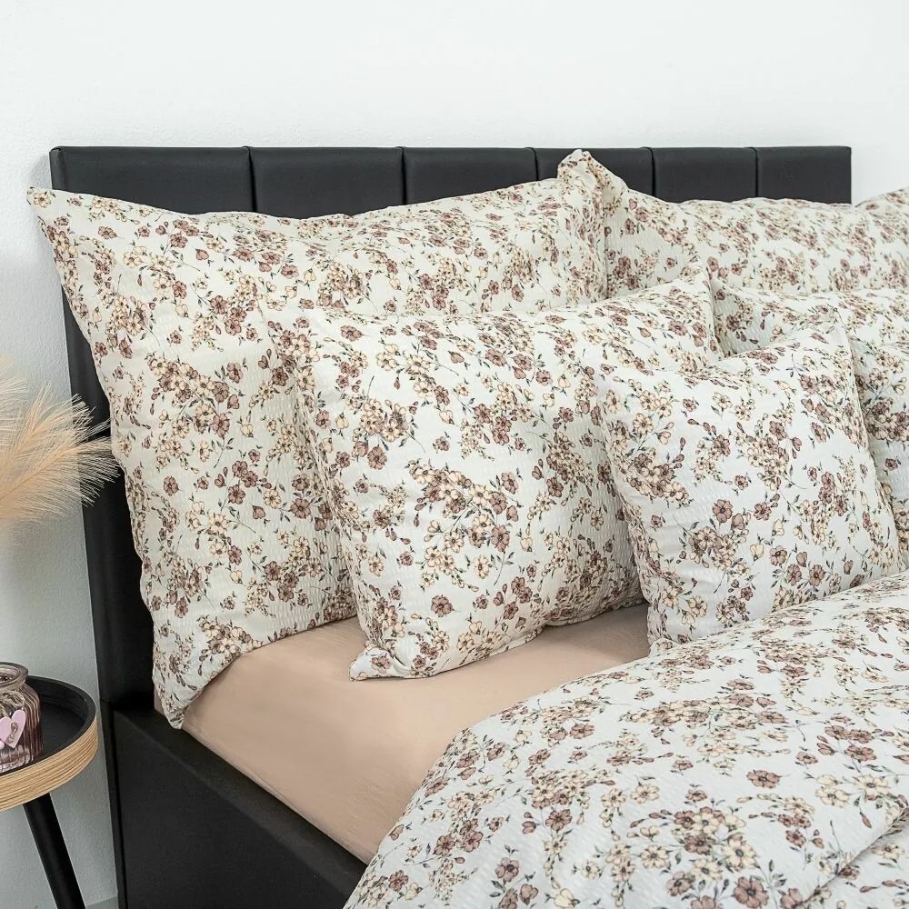 Kvalitex Krepové obliečky Kvietky béžová, 140 x 220 cm, 70 x 90 cm